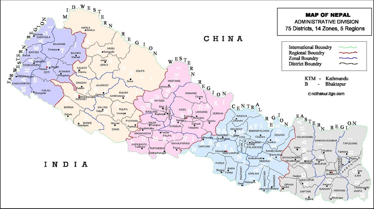 карта Непала са 75 округ